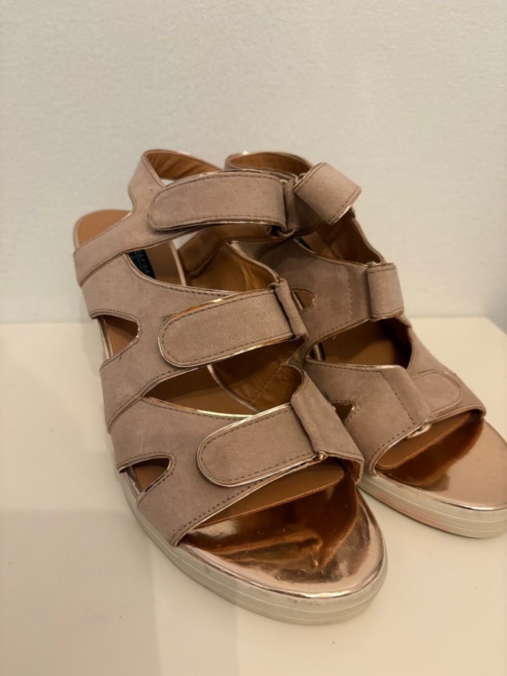 Deena & Ozzy Taupe Sandal with Metallic Rose-Gold Toe